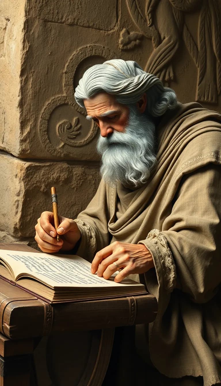 A wise old man writing a story